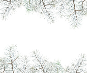 Watercolor Christmas frame of pine branches. Decorative element for greeting card. Illustration