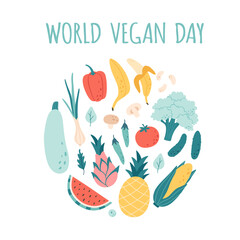 Fresh fruits and vegetables. Healthy food, proper nutrition, vegetarian and vegan concept. World Vegan Day. Vector illustration in flat style