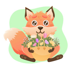 Spring banner set with cute fox, bag of flowers. Vector cute fox character. Animal wildlife holidays cartoon.