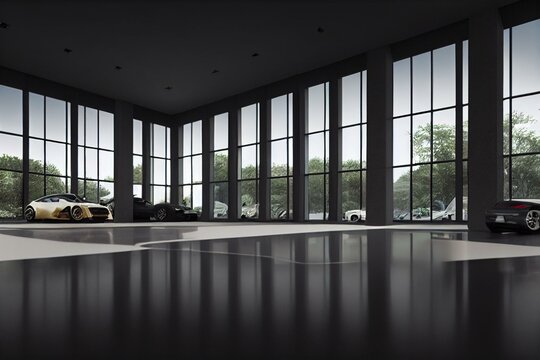 Selective focus grey car parked in luxury showroom. Car dealership office. New car parked in modern showroom. Car for sale and rent business concept. Automobile leasing and insurance. Generative AI