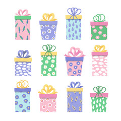 Set of blue green pink gift boxes. Present box with clouds, drops, flowers, leaves and bows. Flat, cartoon, vector
