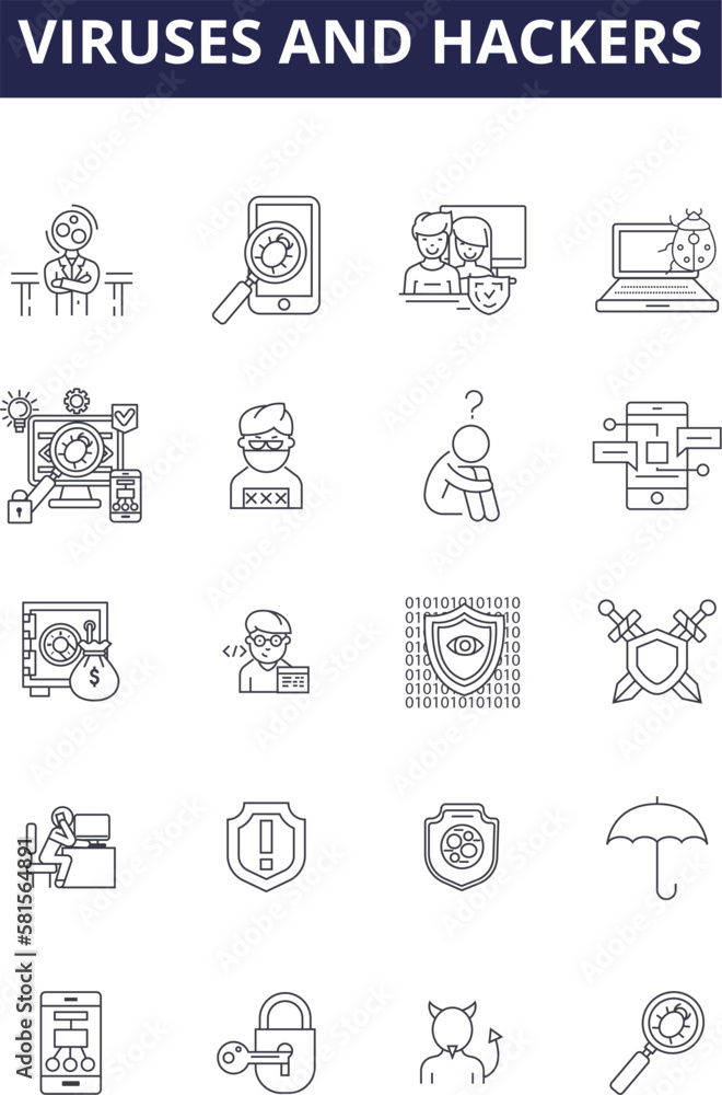 Poster viruses and hackers line vector icons and signs. virus, security, hacking, attack, web, computer, in