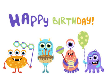 Happy Birthday card. Monsters with carnival mask, balloon, lollipop, cake. Flat, cartoon, vector