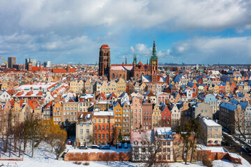 Beautiful scenery of the Main Town in Gdansk at snowy winter, Poland