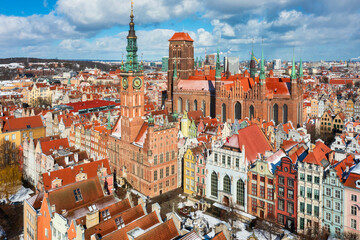 Naklejka na ściany i meble Beautiful scenery of the Main Town in Gdansk at snowy winter, Poland