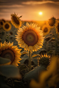 a field of sunflowers with the sun setting in the background, ai art illustration 