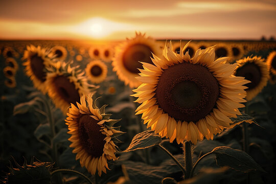 a field of sunflowers with the sun setting in the background, ai art illustration 