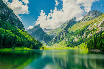 Naklejka na ściany i meble Lake in the Swiss Alps. Mountain landscape in Switzerland.