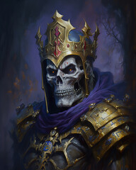 a skeleton in armor with a crown on his head, portrait painting of skeletor, lich king, dark fantasy character, art illustration  - obrazy, fototapety, plakaty