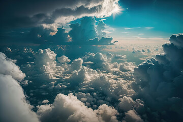 a view of the sky and clouds from an airplane, art illustration 