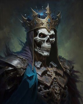 a skeleton in armor with a crown on his head, portrait painting of skeletor, lich king, dark fantasy character, art illustration 