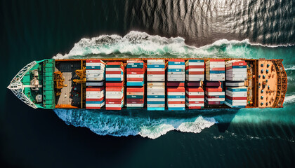aerial view of a container ship in the ocean, art illustration 