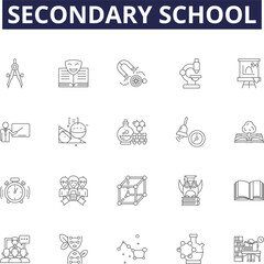 Secondary school line vector icons and signs. Junior High, Academy, Sixth Form, Grammar School, Middle School, Preparatory School, Magnet School, Charter School outline vector illustration set