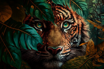 A close up of a tigers face surrounded by leaf. Generative AI