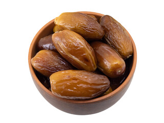 Dates in a brown cup on a white isolated background