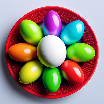 Colorful Easter eggs in a red plate on the table.Generated by AI