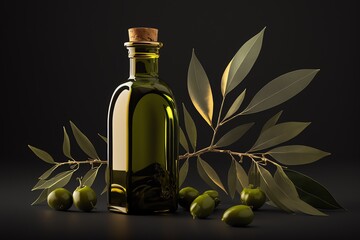 Glass Bottle of Olive Oil with Bunches of olive leaves and fresh olives. Generative AI