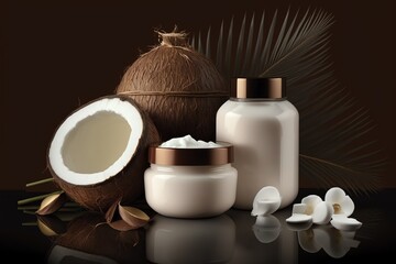Fototapeta na wymiar Coconut oil in the jars and Coconuts. Generative AI