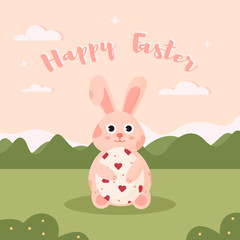 Vector illustration of a cute hare with text Happy Easter. Flat style