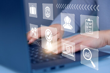 Pictograms of certificate, approval, compliance with requirements of international standards on background of laptop and hands of woman. Marks of quality of service, guarantees of company product