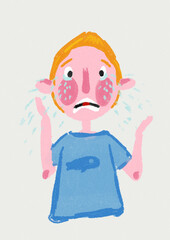 criança, sentimentos, choro, confusão, criança emoção, ilustração, giz de cera, camiseta azul,  criança loira