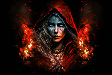 Female fire magician on black background, Generative AI. Fire witch portrait. Female sorcerer cast flame magic. Halloween background. Flame magic background.