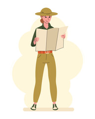 Woman explorer or safari traveler standing in a wide-brimmed hat. A girl studying a map. Vector isolated flat illustration.