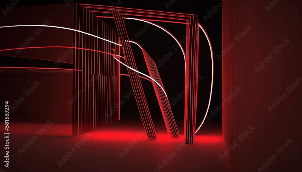 Poster abstract with line details, scarlet bright space with red columns, 3d lighting, three-dimensional de