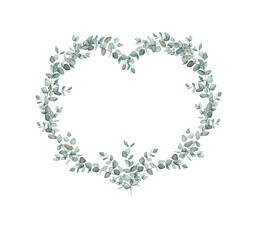 Watercolor banner with green eucalyptus leaves branches.Watercolor eucalyptus in bouquet for wedding. Decorative element for greeting card. Illustration