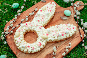 cake for easter.easter bunny with easter eggs and willow on green grass