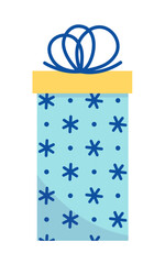 Blue Christmas present with snowflakes. Gift with bow. Flat, cartoon, vector