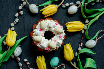 Easter cake with quail eggs and willow