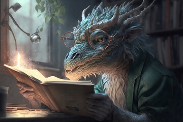 A Dragon with glasses reading a book at a desk in a library. Generative AI illustrations. 