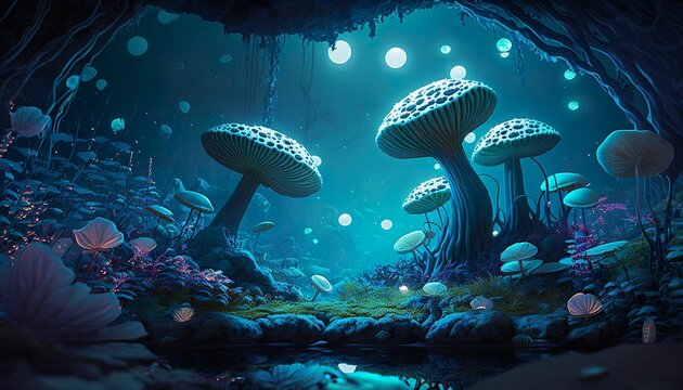 Mysterious forest with magic mushrooms, generative ai