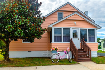 pink bicycle with a basket of flowers and a woman's hat in front of a carrot-colored house. magnolia and blue sky