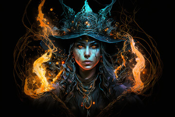 Female fire magician on black background, Generative AI. Fire witch portrait. Female sorcerer cast flame magic. Halloween background. Flame magic background.