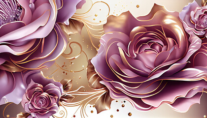 Pink rose flower, gold background. AI generated