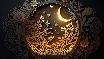 Islamic design greeting card background template with crescent moon and islamic lantern. Generative AI