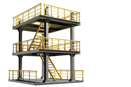 Industrial mezzanine. Temporary multi-level structure. Mezzanine for warehouse or factory. Multi-level temporary design with stairs. Mezzanine is isolated on white. Industrial equipment. 3d image