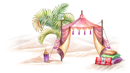 watercolor illustration, Morocco background. Traditional oriental textile tent in the moroccan desert. Tropical palm, sand dunes. Bohemian lifestyle © wacomka
