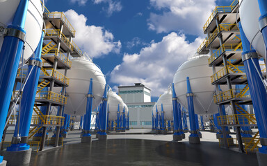 Production enterprises. Liquefied gas storage. Production of chemicals. Spherical reservoirs near plant. Production equipment. Chemicals industry. Bvc and asme reservoirs. Factory, plant. 3d image