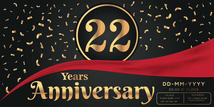 22nd years anniversary celebration logo on dark background with golden numbers and golden abstract confetti vector design  