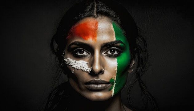 India. A beautiful young woman with paint in the colors of national flag of India. How AI sees the countries of the world if we imagine that they are people. digital ai art.