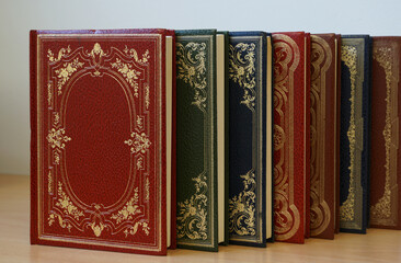 Rare vintage colorful books bound in leather lined on the bookshelf