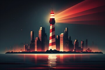 Business leadership and vision concept. Lighthouse in the city, emitting rays of light