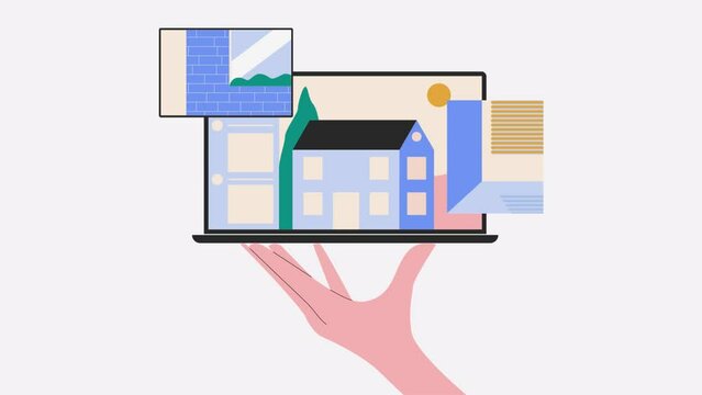 Hand holding laptop with house on screen. Concept of real estate, mortgage, investment for landing page or website. Footage of searching house online
