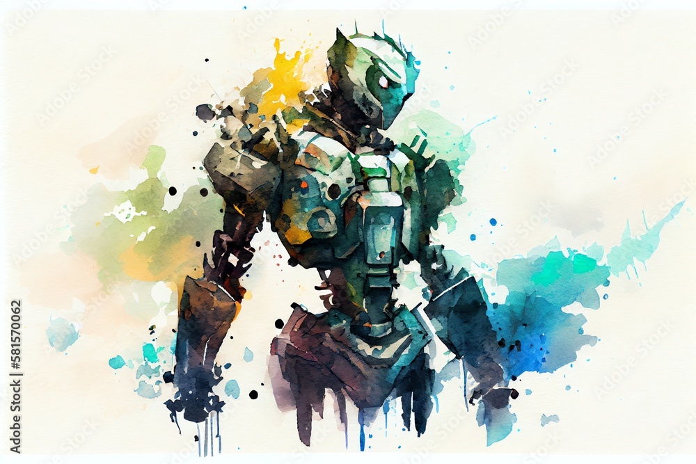 Poster watercolor illustration of a abstract furistic ai android robot, humanoid technology concept. genera