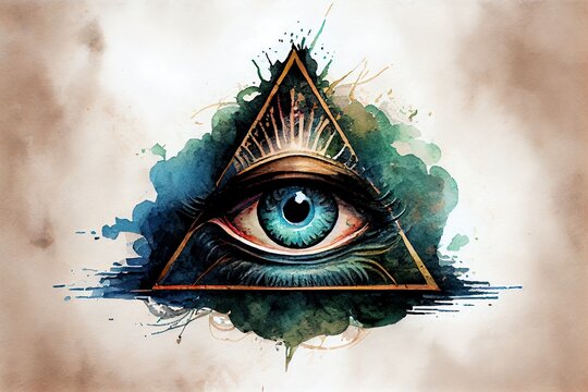 Watercolor Illustration of a All Seeing Eye, Illuminati Symbol. Generative AI