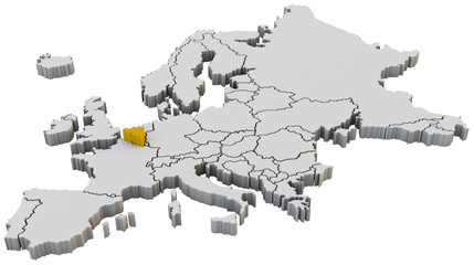 Europe map 3d render isolated with yellow Belgium a European country