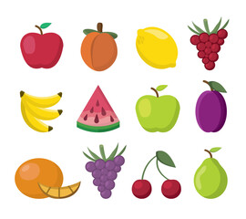 fruits, set of isolated objects.apple, grape, peach, lemon, pear, plum, orange, cherry, banana, watermelon. healthy food, fruits, berries, simple cartoon flat vector objects.